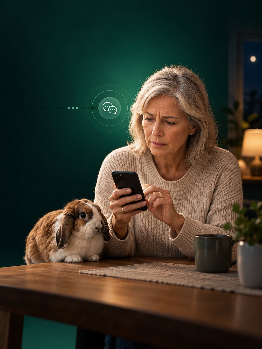 Eine Frau sitzt abends am Küchentisch neben ihrem Kaninchen und schreibt auf dem Smartphone.